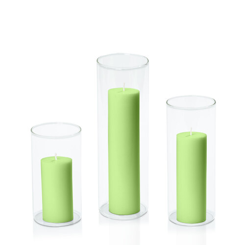 Lime 5cm Pillar in 8cm Glass Set - Med