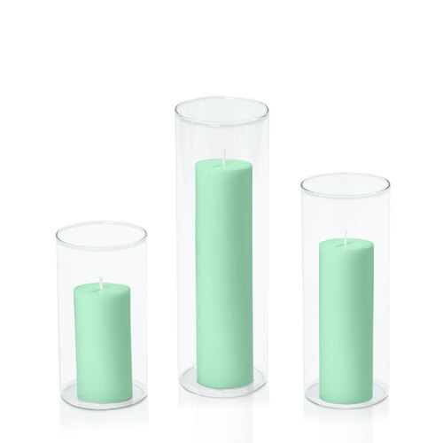 Mint Green 5cm Pillar in 8cm Glass Set - Med