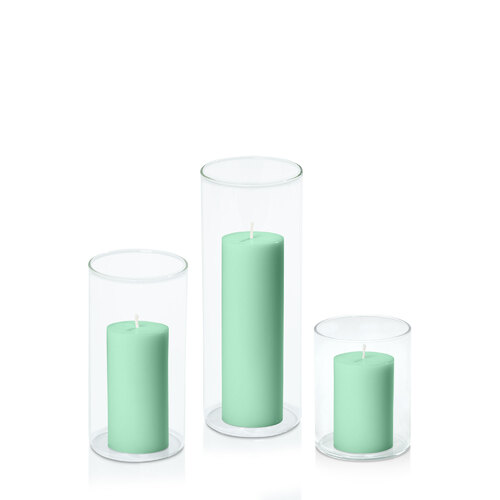Mint Green 5cm Pillar in 8cm Glass Set - Sm