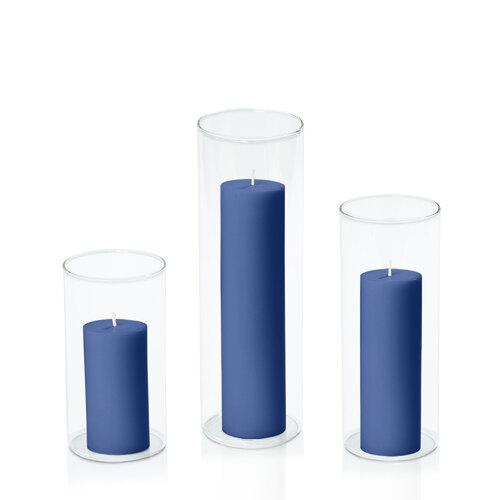 Navy 5cm Pillar in 8cm Glass Set - Med