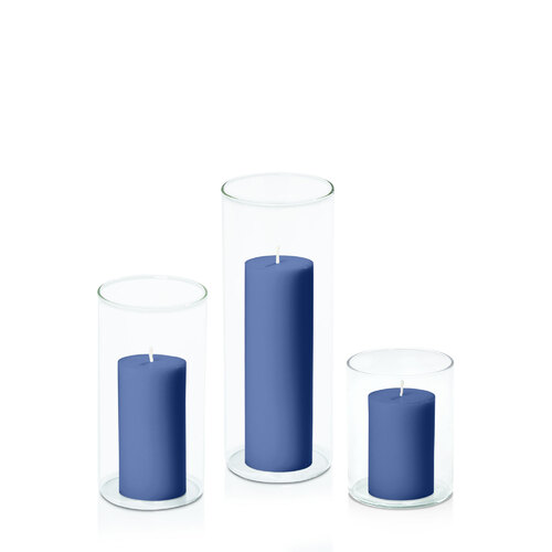 Navy 5cm Pillar in 8cm Glass Set - Sm