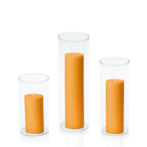 Orange 5cm Pillar in 8cm Glass Set - Med