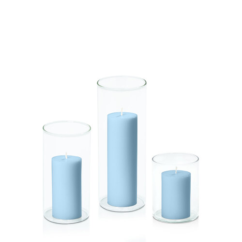Pastel Blue 5cm Pillar in 8cm Glass Set - Sm