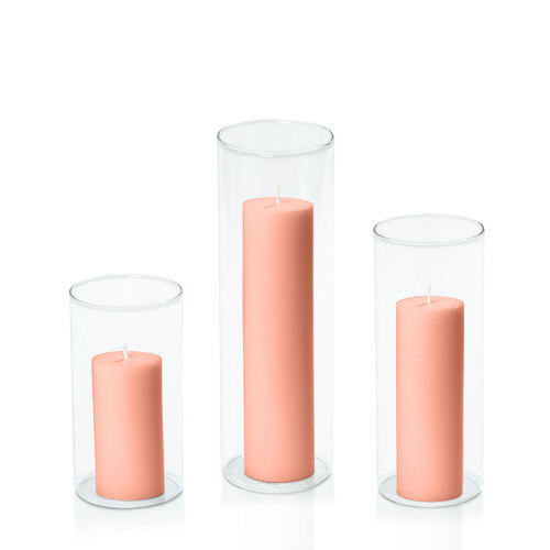 Peach 5cm Pillar in 8cm Glass Set - Med
