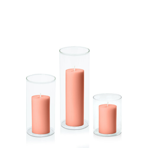 Peach 5cm Pillar in 8cm Glass Set - Sm