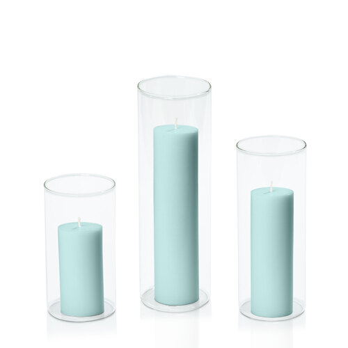 Pastel Teal 5cm Pillar in 8cm Glass Set - Med