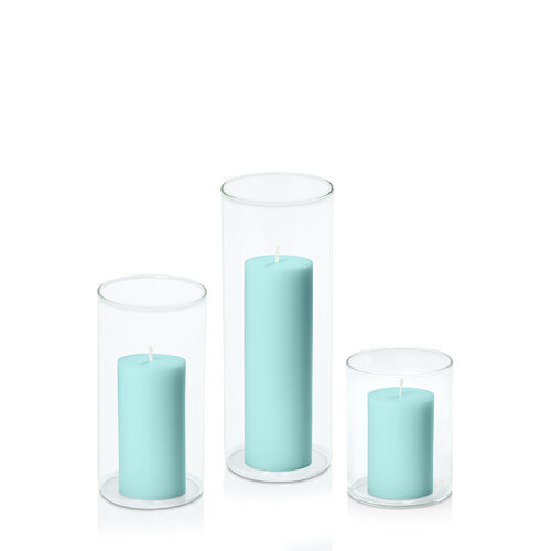 Pastel Teal 5cm Pillar in 8cm Glass Set - Sm
