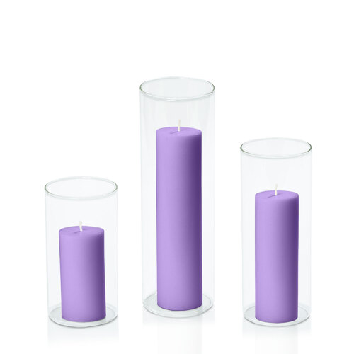 Purple 5cm Pillar in 8cm Glass Set - Med