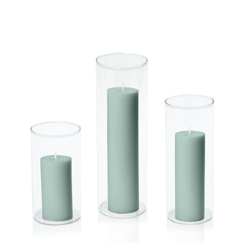 Sage Green 5cm Pillar in 8cm Glass Set - Med