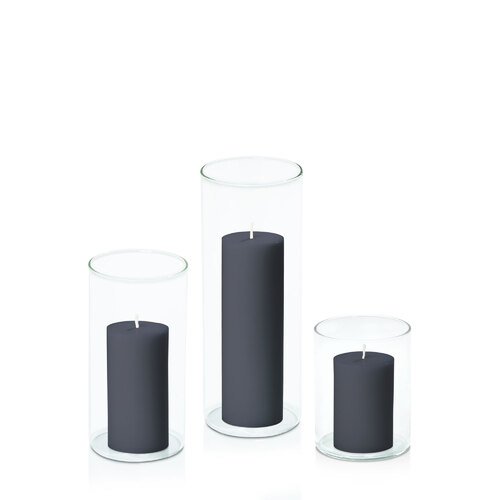 Steel Blue 5cm Pillar in 8cm Glass Set - Sm