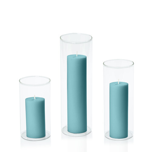 Teal 5cm Pillar in 8cm Glass Set - Med