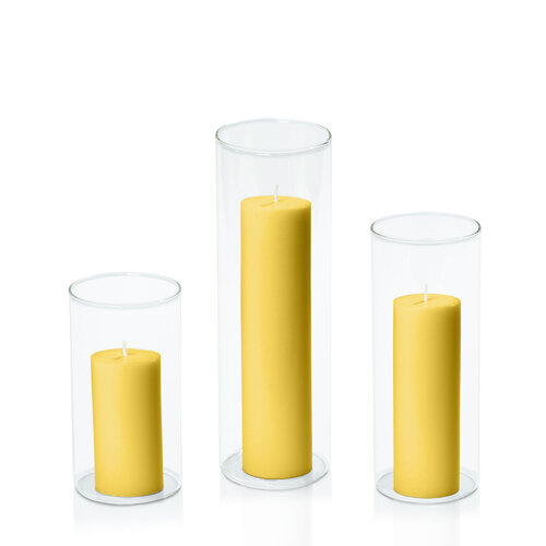 Yellow 5cm Pillar in 8cm Glass Set - Med