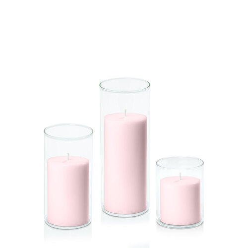 Blush Pink 7cm Pillar in 8cm Glass Set - Sm