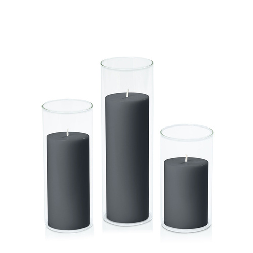 Charcoal 7cm Pillar in 8cm Glass Set - Med