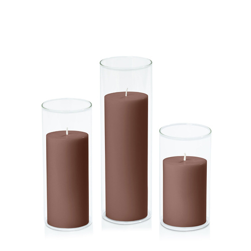 Chocolate 7cm Pillar in 8cm Glass Set - Med
