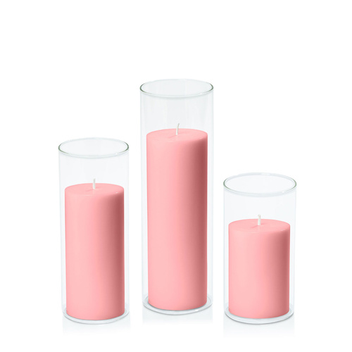 Coral Pink 7cm Pillar in 8cm Glass Set - Med