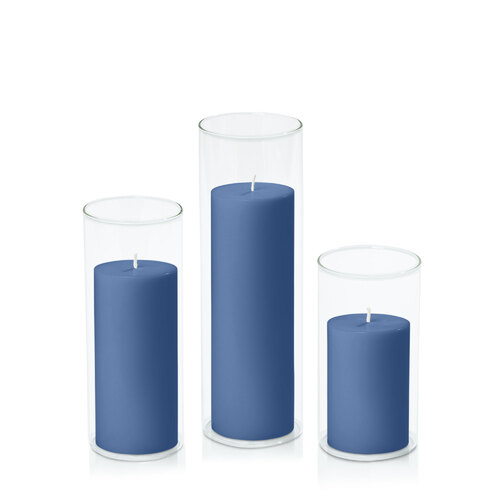 Dusty Blue 7cm Pillar in 8cm Glass Set - Med
