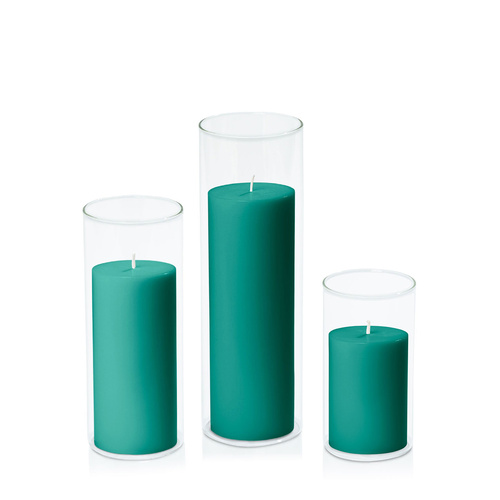 Emerald Green 7cm Pillar in 8cm Glass Set - Med