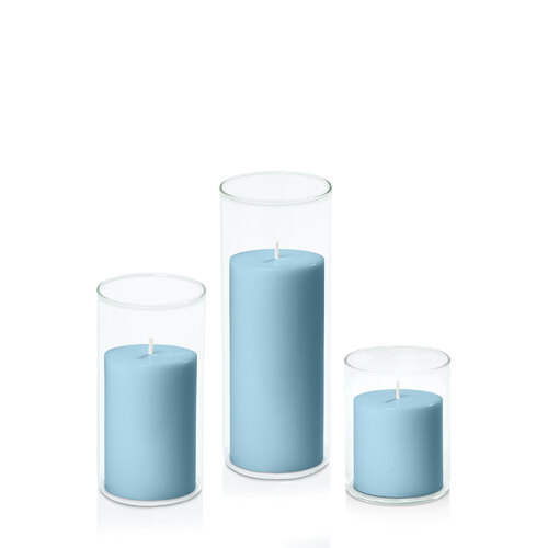 French Blue 7cm Pillar in 8cm Glass Set - Sm