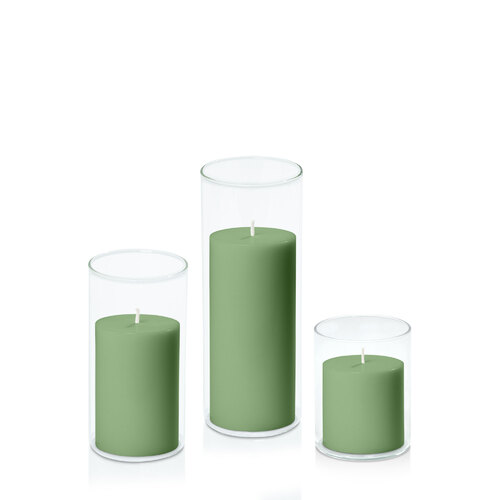 Green 7cm Pillar in 8cm Glass Set - Sm