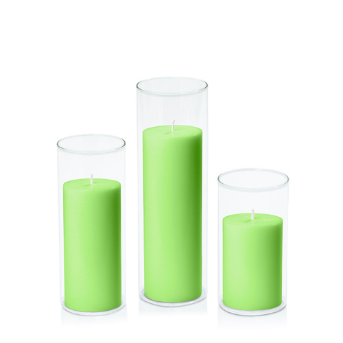 Lime 7cm Pillar in 8cm Glass Set - Med