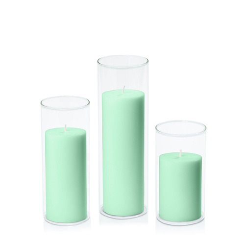 Mint Green 7cm Pillar in 8cm Glass Set - Med
