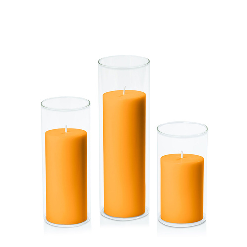 Orange 7cm Pillar in 8cm Glass Set - Med