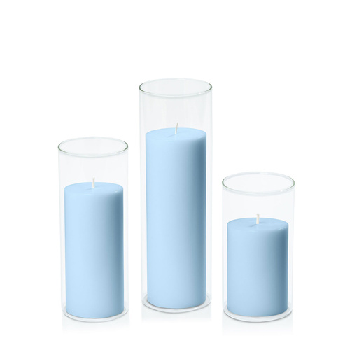 Pastel Blue 7cm Pillar in 8cm Glass Set - Med