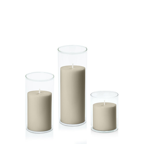 Pale Eucalypt 7cm Pillar in 8cm Glass Set - Sm