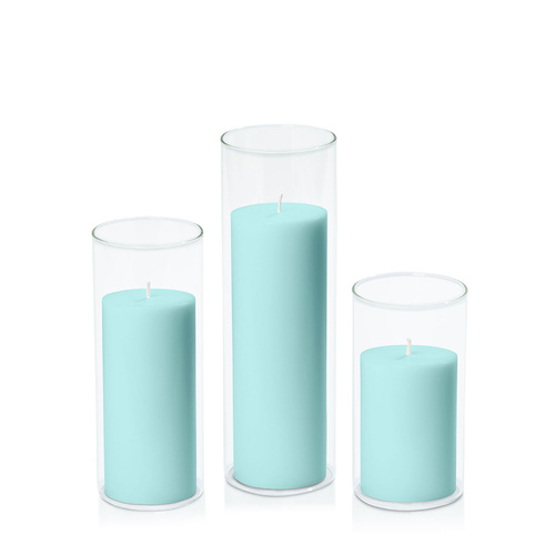 Pastel Teal 7cm Pillar in 8cm Glass Set - Med