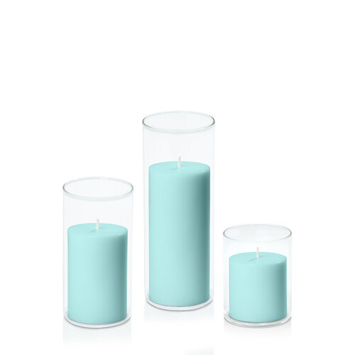 Pastel Teal 7cm Pillar in 8cm Glass Set - Sm
