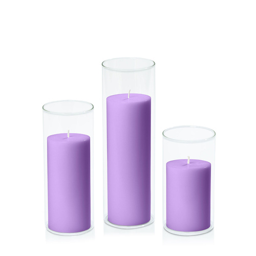 Purple 7cm Pillar in 8cm Glass Set - Med