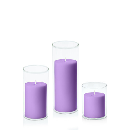Purple 7cm Pillar in 8cm Glass Set - Sm