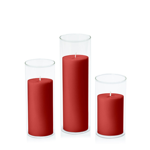 Red 7cm Pillar in 8cm Glass Set - Med