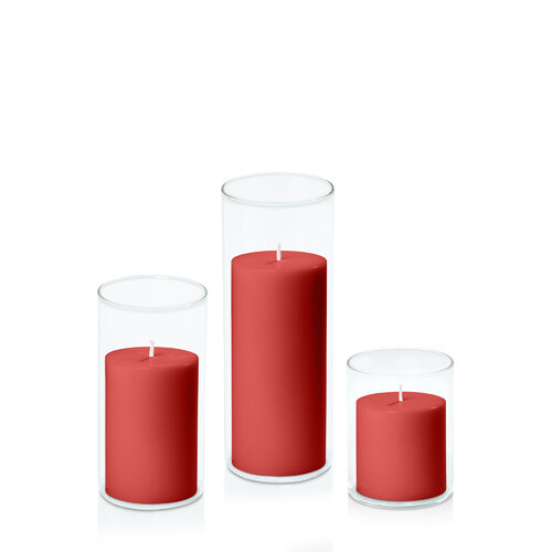 Red 7cm Pillar in 8cm Glass Set - Sm