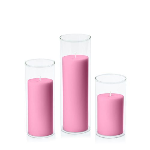 Rose Pink 7cm Pillar in 8cm Glass Set - Med