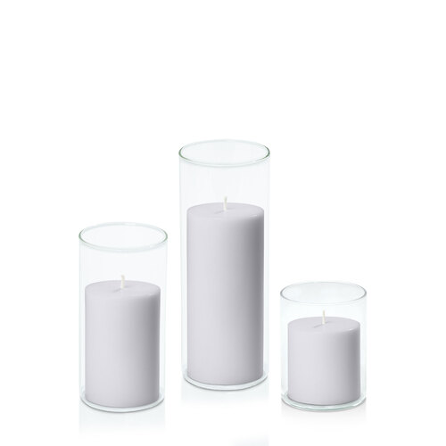 Silver Grey 7cm Pillar in 8cm Glass Set - Sm