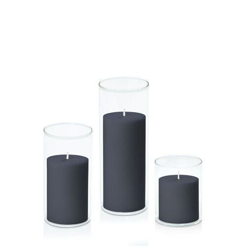 Steel Blue 7cm Pillar in 8cm Glass Set - Sm