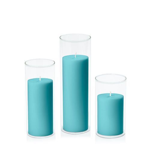 Teal 7cm Pillar in 8cm Glass Set - Med