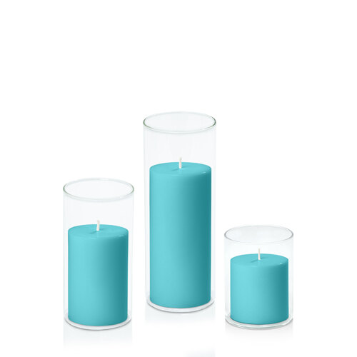 Teal 7cm Pillar in 8cm Glass Set - Sm