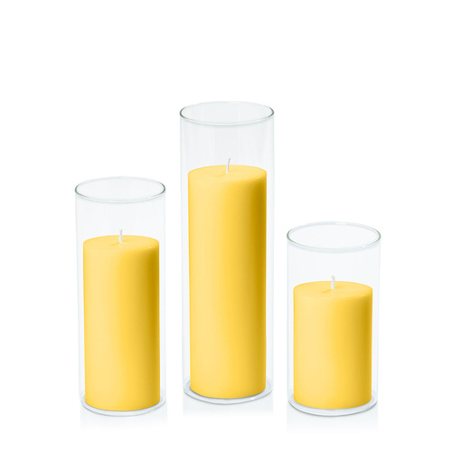 Yellow 7cm Pillar in 8cm Glass Set - Med