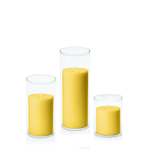 Yellow 7cm Pillar in 8cm Glass Set - Sm