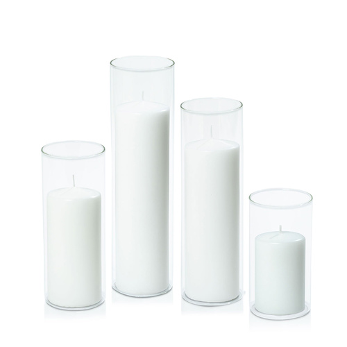 White 7cm Event Pillar in 8cm Glass, Pack of 6 Med Sets