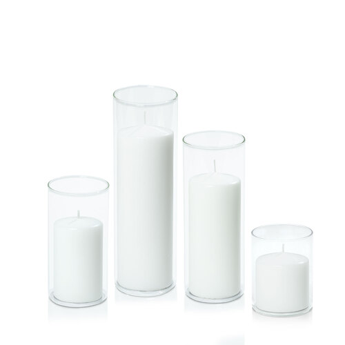 White 7cm Event Pillar in 8cm Glass, Pack of 6 Sm Sets