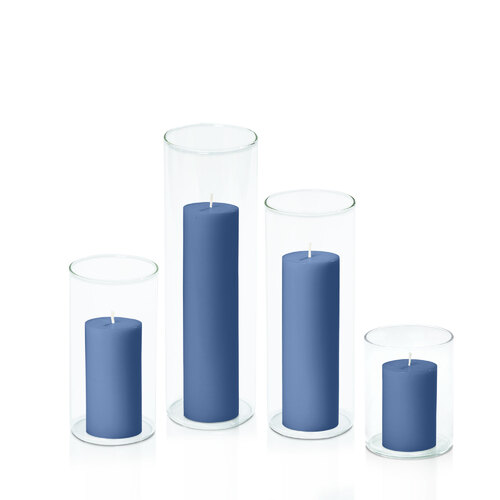 Dusty Blue 5cm Pillar in 8cm Glass Set - Sm