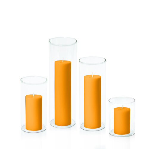 Orange 5cm Pillar in 8cm Glass Set - Sm