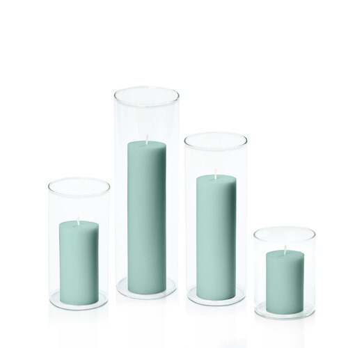 Sage Green 5cm Pillar in 8cm Glass Set - Sm