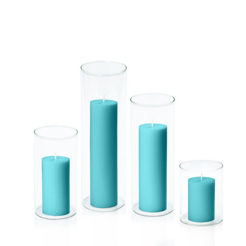 Teal 5cm Pillar in 8cm Glass Set - Sm