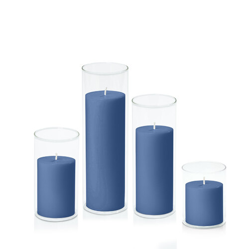 Dusty Blue 7cm Pillar in 8cm Glass Set - Sm