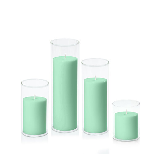 Mint Green 7cm Pillar in 8cm Glass Set - Sm